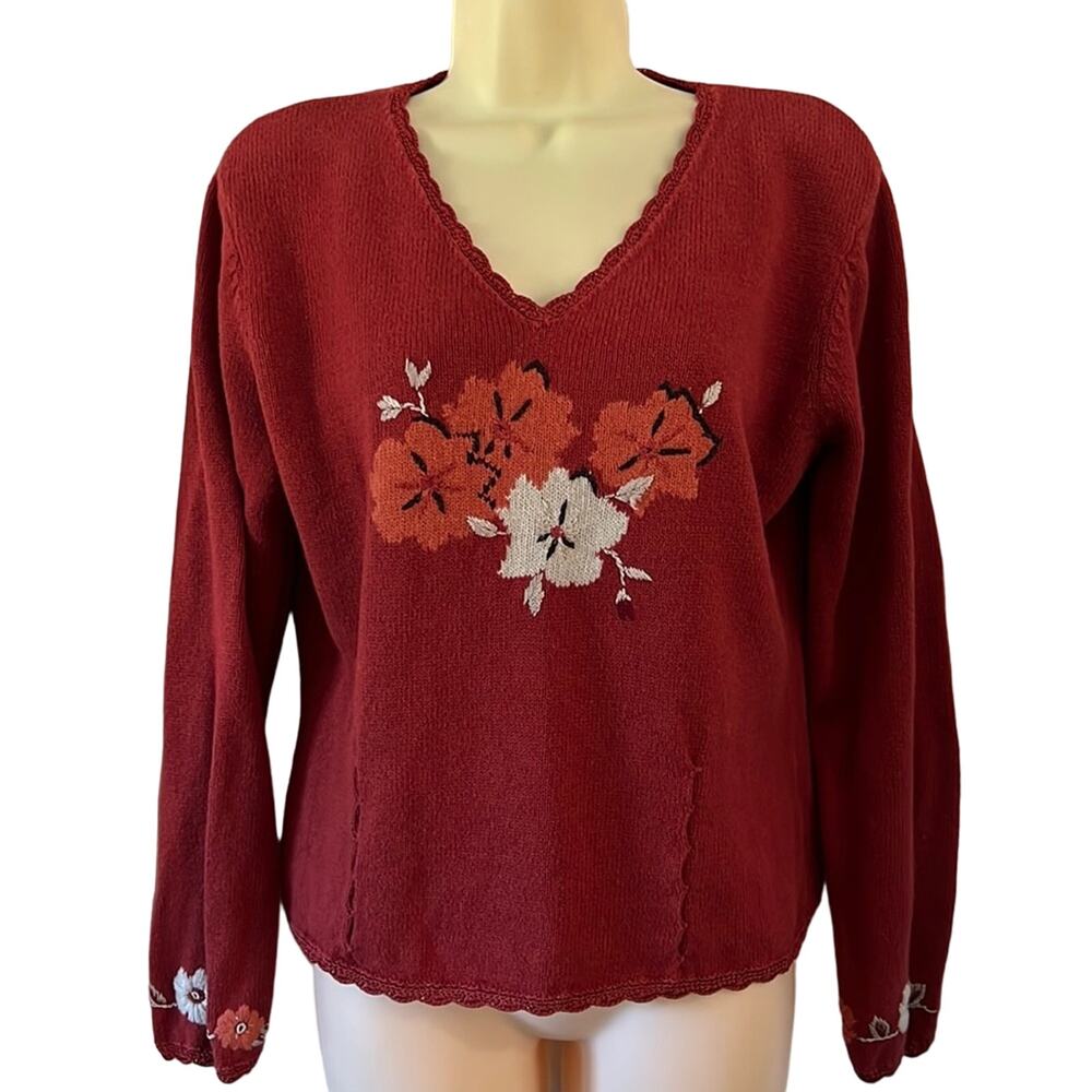 Christopher & Banks Rust Floral Embroidered Sweater Size M